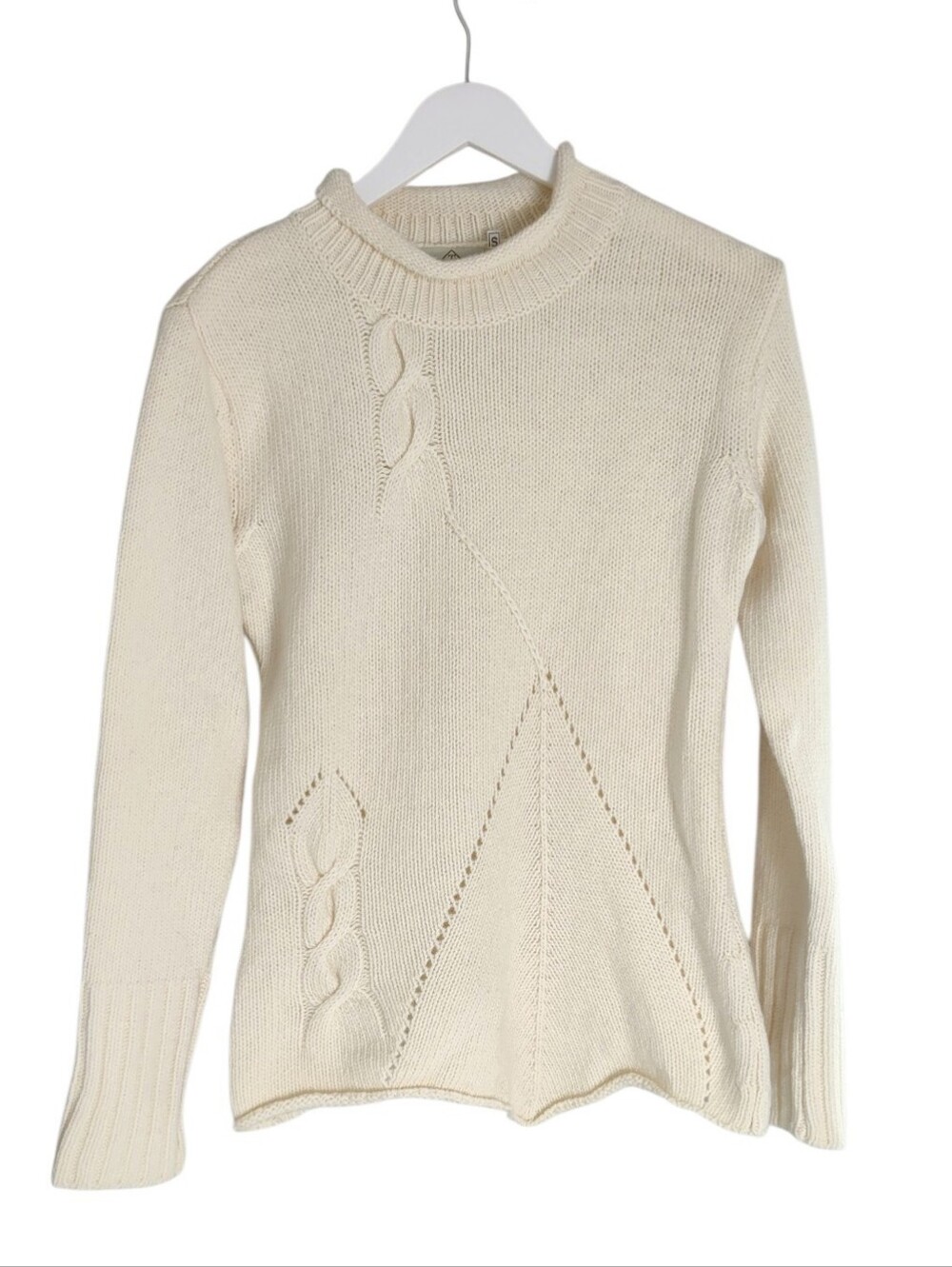 Tivoli Cream Cable Knit LambsWool Sweater Pointelle Scallop Hem Mock Neck Small